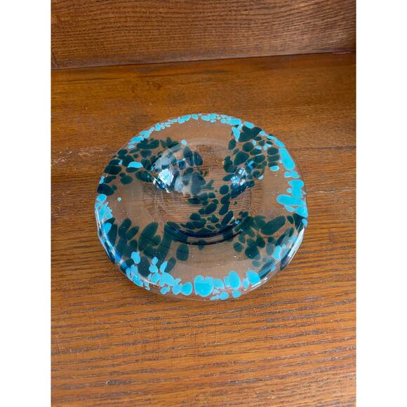 Hand Blown Art Glass Shallow Bowl Blue and Teal Speckled Swirl 6.5” Wide - Picture 7 of 10